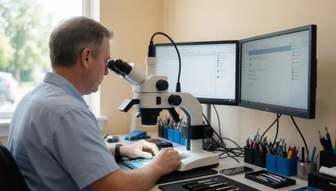 Phone repair technician working with a digital microscope and monitors in a clean, professional workspace with organized tools and natural light.