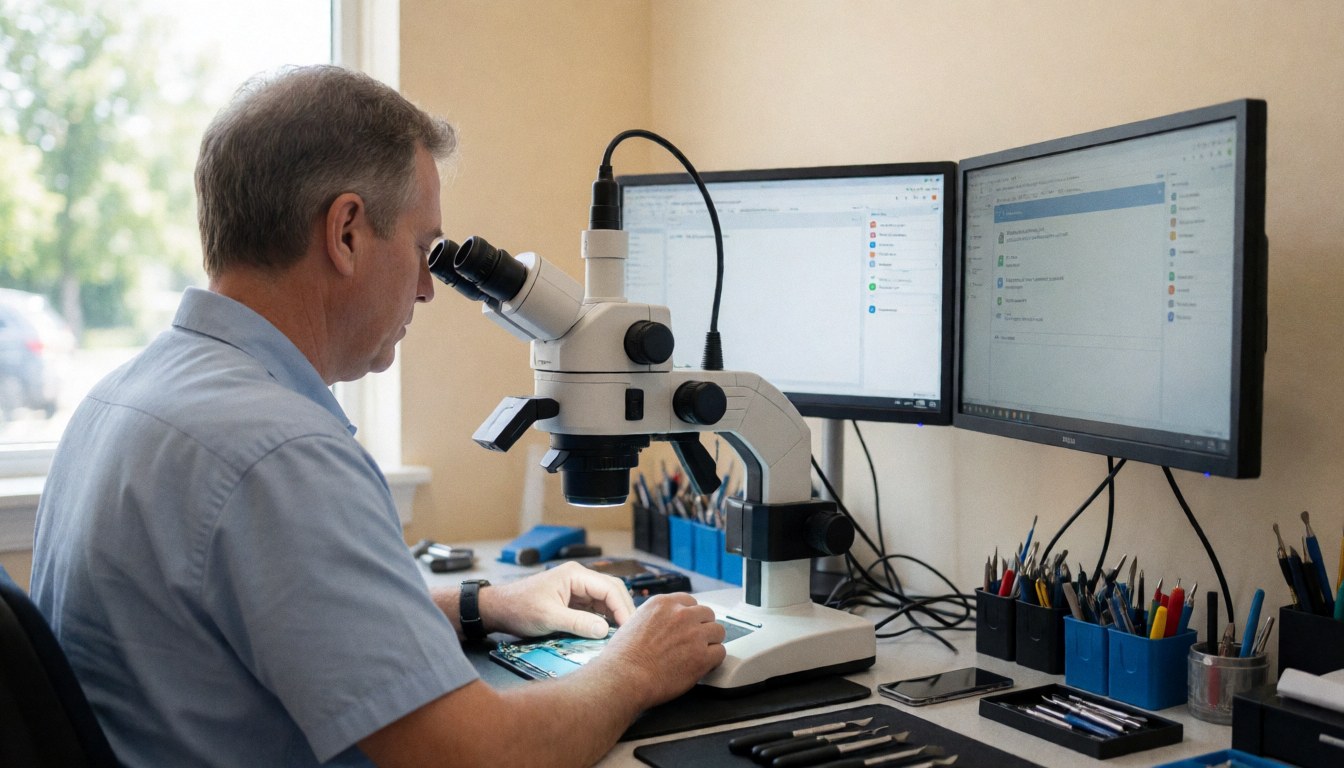 Phone repair technician working with a digital microscope and monitors in a clean, professional workspace with organized tools and natural light.