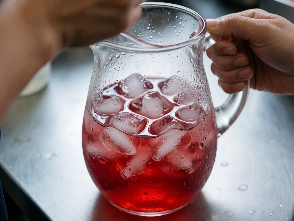 Cold red hibiscus drink with ice cubes in a glass pitcher on a stainless steel table, hands preparing the beverage