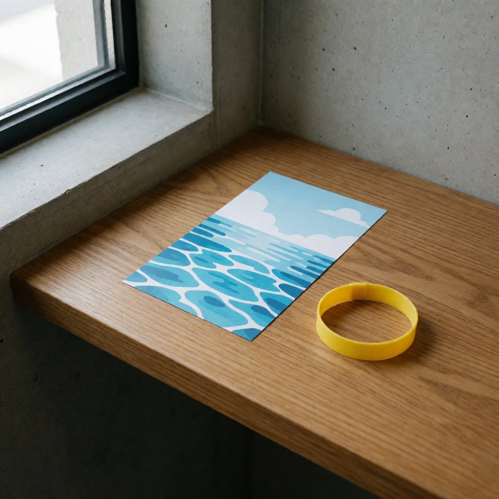 Yellow wristband and entrance ticket placed on a wooden counter near a window for a water park