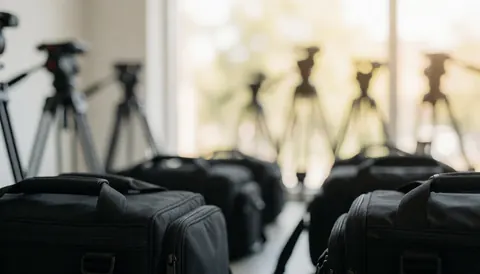 Professional videographer background featuring tripods and equipment bags with warm bokeh lighting and an organized atmosphere ideal for text overlay.