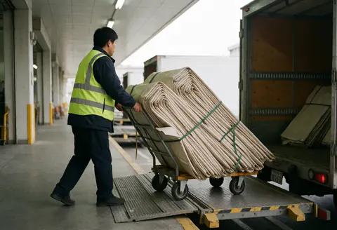 A worker in a reflective vest pushes a dolly loaded with folded tents toward a delivery truck at an industrial loading dock.