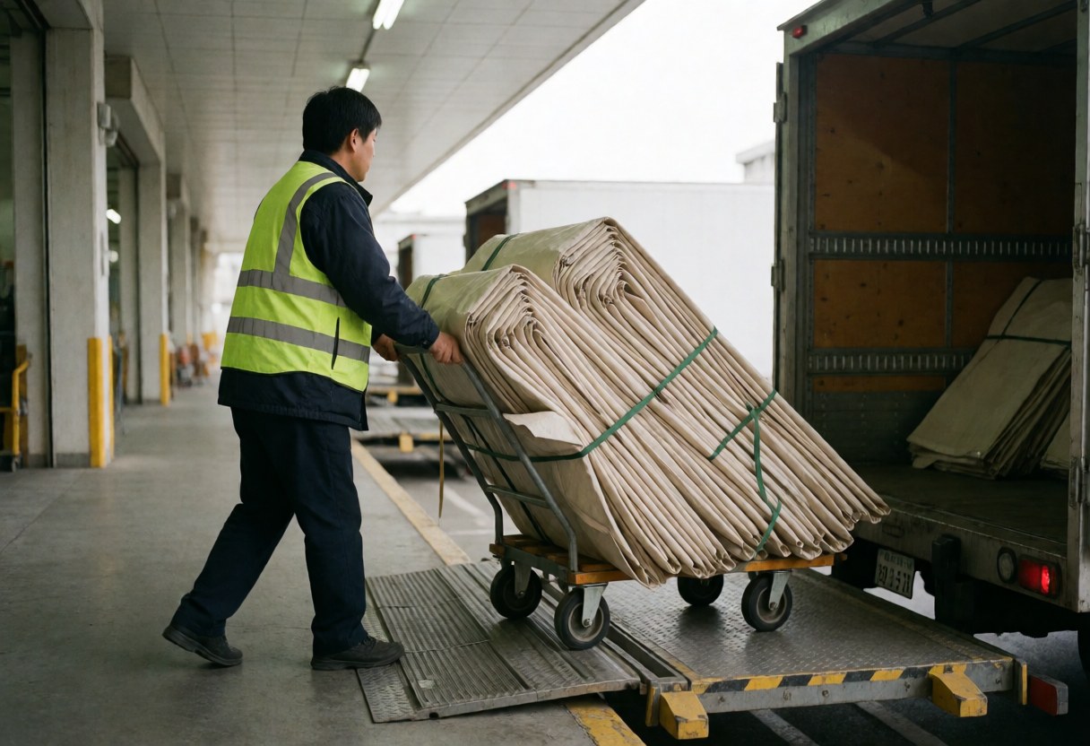 A worker in a reflective vest pushes a dolly loaded with folded tents toward a delivery truck at an industrial loading dock.