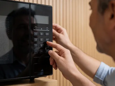 Close-up of hands adjusting the control panel of a black microwave oven against a light wood wall background.