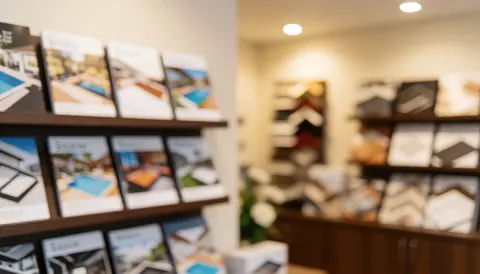 Shelves holding swimming pool catalogs and material samples in an office setting with warm lighting and a blurred background suitable for text overlay