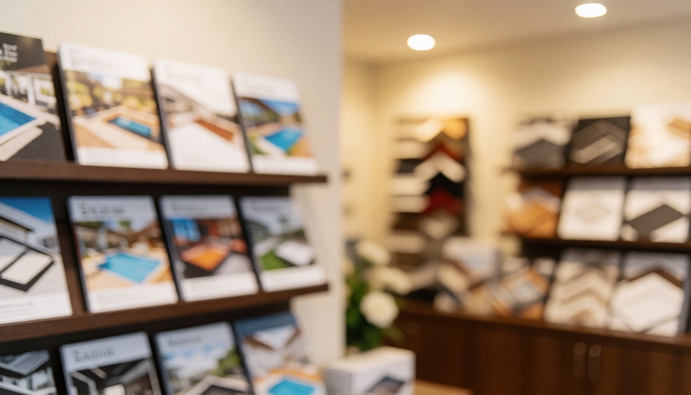 Shelves holding swimming pool catalogs and material samples in an office setting with warm lighting and a blurred background suitable for text overlay