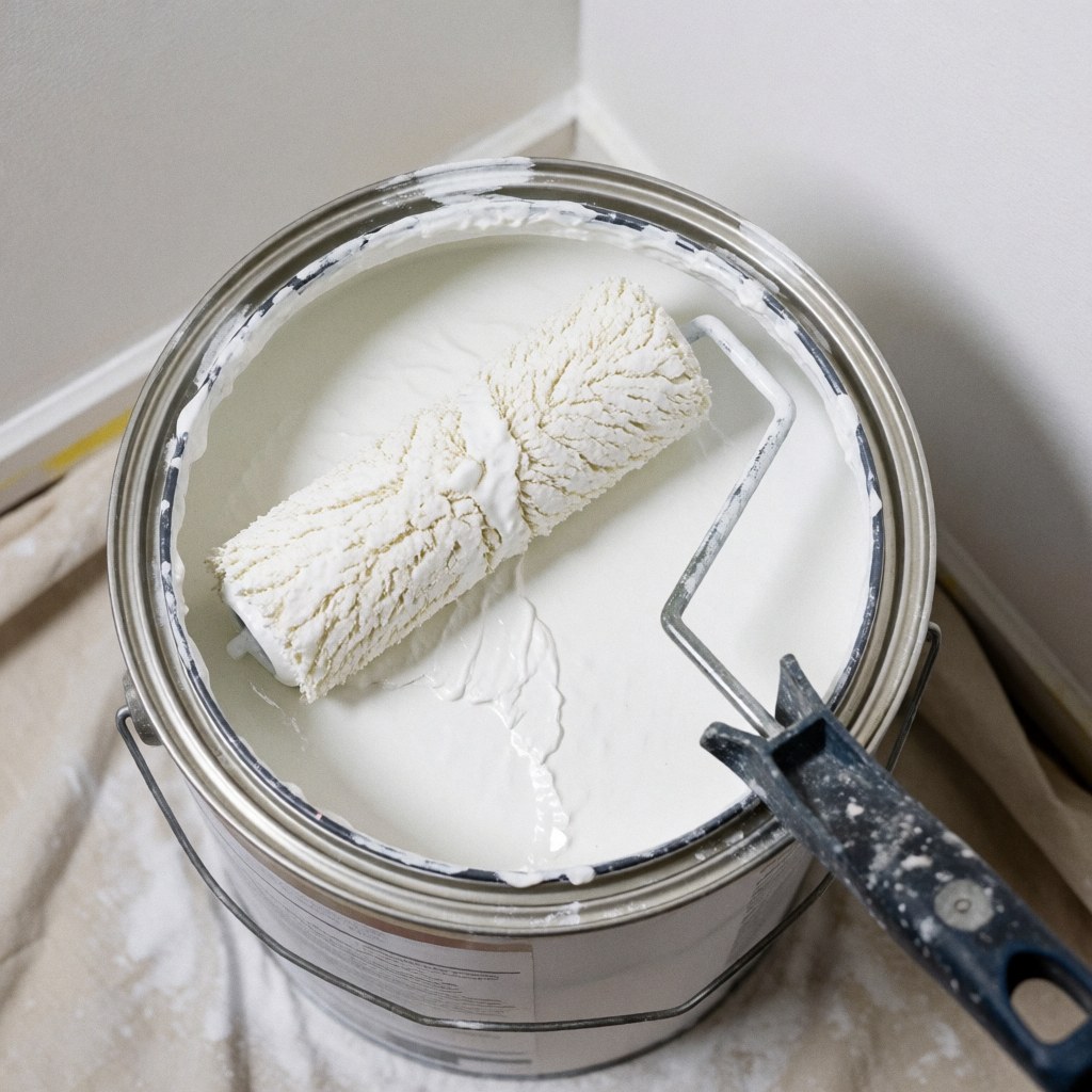 White paint roller submerged in an open bucket resting on protective drop cloth, ideal for plastering and finishing projects.