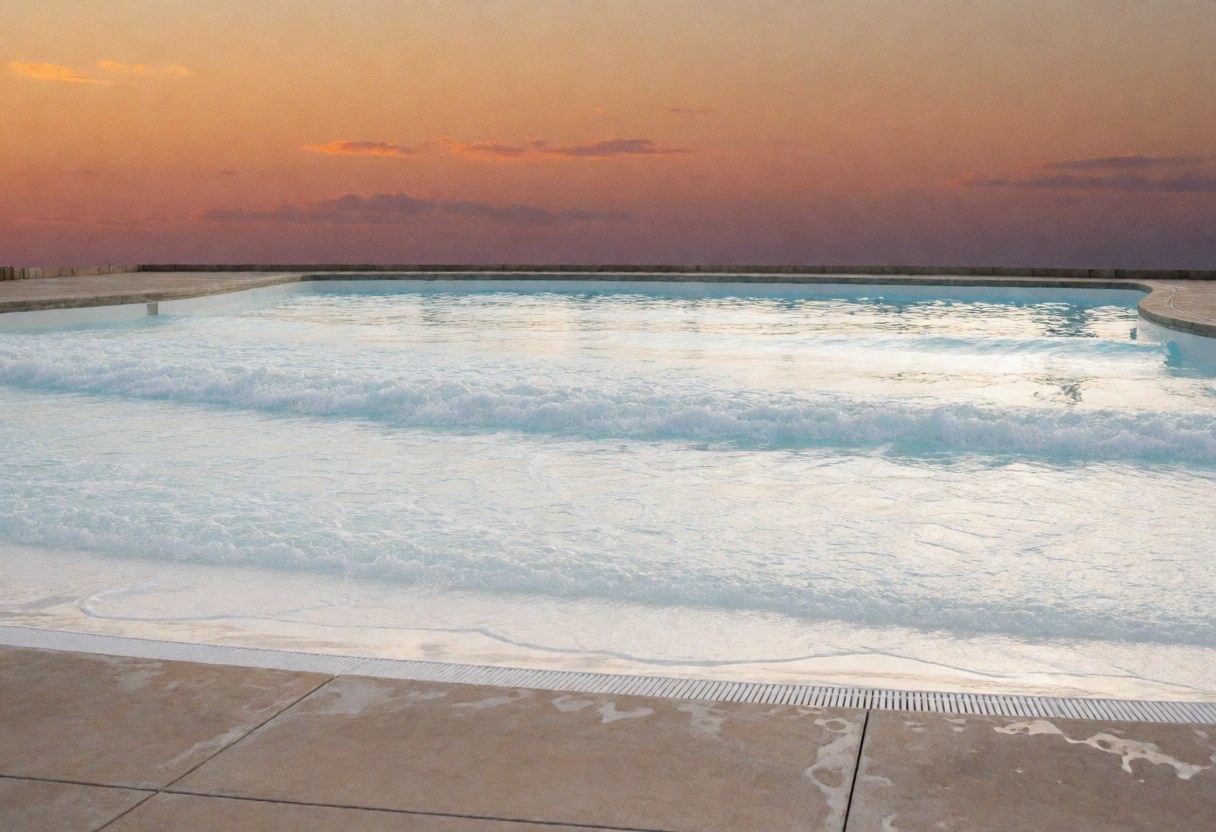 Empty wave pool with gentle ripples reflecting an orange and purple sunset sky over a concrete deck
