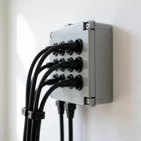 Gray wall-mounted junction box with neatly organized black cables secured by clips, suitable for antenna installation projects
