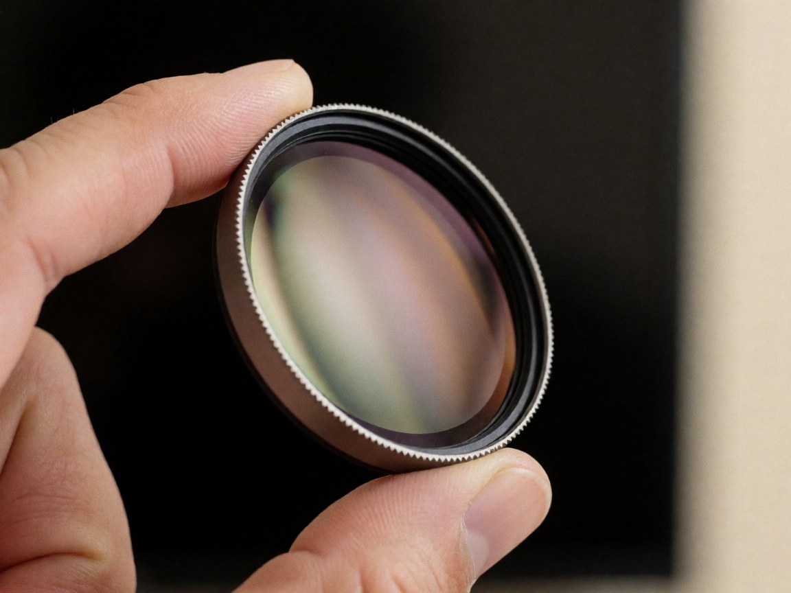 Close-up of a hand holding a circular polarizer filter, showing metallic ring and glass lens details against a dark background.