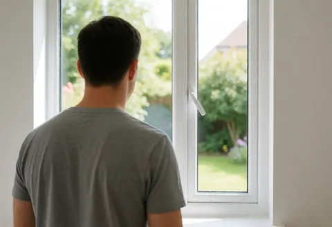 A man stands looking at a newly installed white insulated window, with natural light illuminating the clean interior wall and garden view.