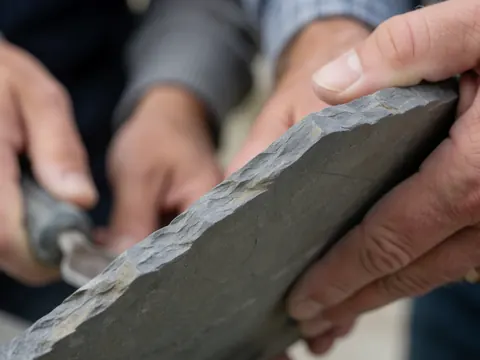 Close-up detail of an adult hand using a tool on the edge of natural stone, showing visible texture and grain with soft lighting