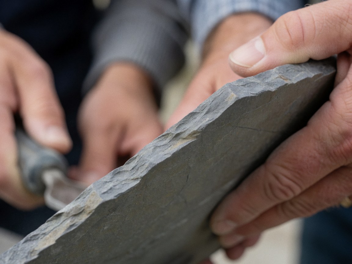 Close-up detail of an adult hand using a tool on the edge of natural stone, showing visible texture and grain with soft lighting