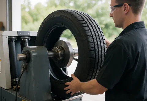 Mechanic loads a tire onto an industrial balancing machine with a blurred green background and natural light.