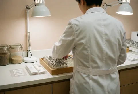 A clean homeopathy office counter with a professional in a white coat organizing vials on a wooden tray alongside granule jars and labels under professional lighting