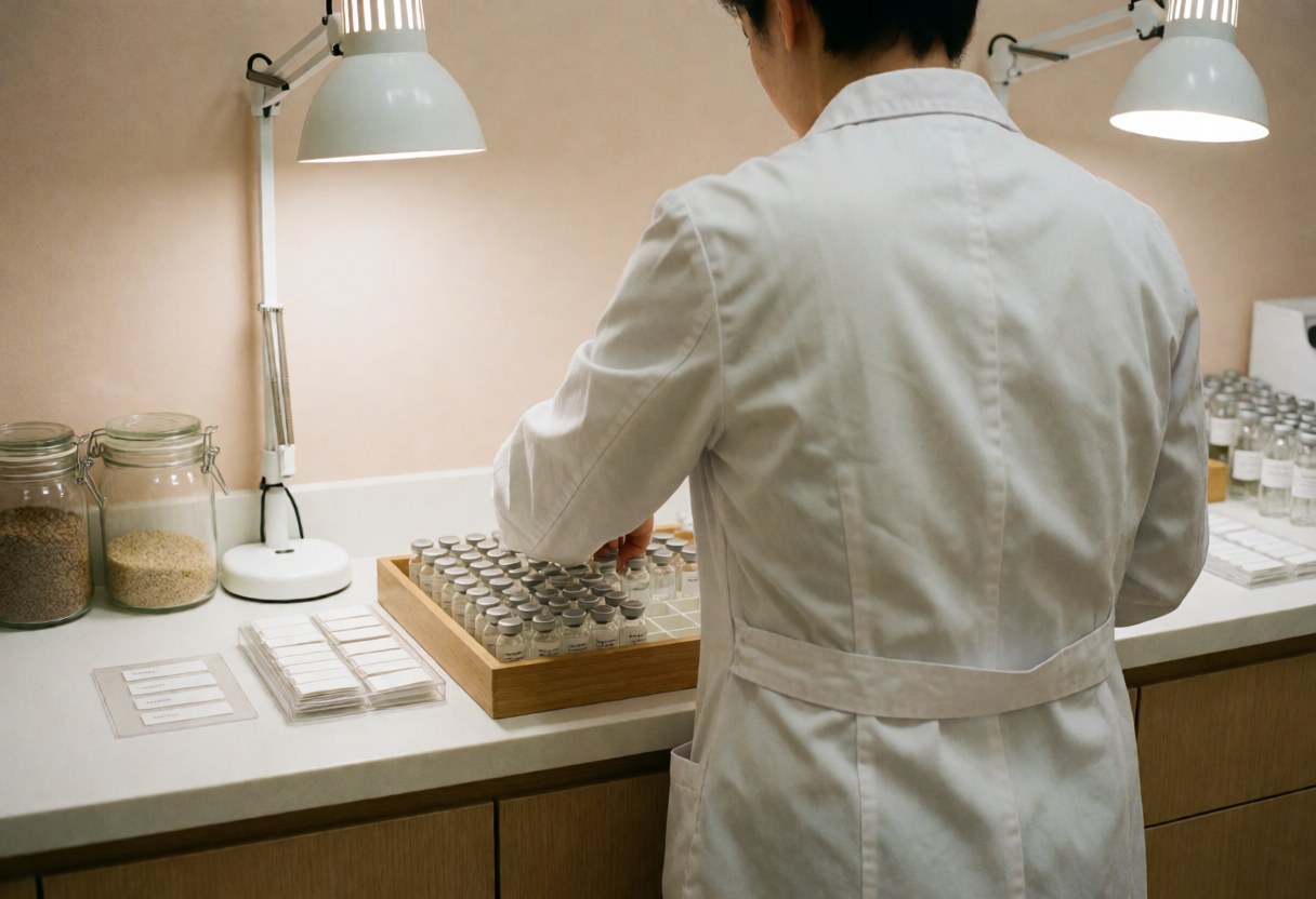 A clean homeopathy office counter with a professional in a white coat organizing vials on a wooden tray alongside granule jars and labels under professional lighting