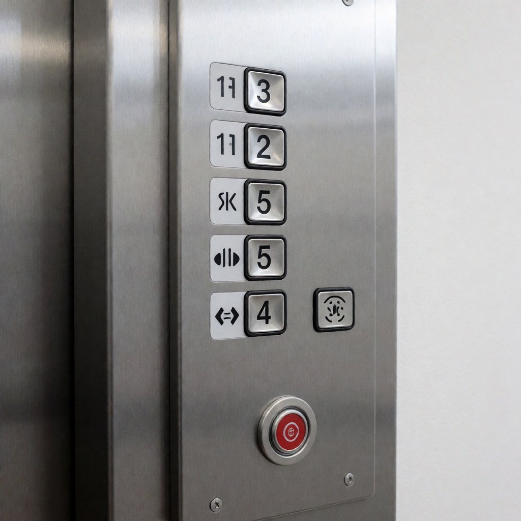 Stainless steel elevator control panel with floor buttons and red emergency button mounted on a white wall with soft lighting