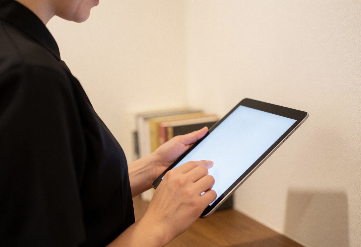 Professional wedding photographer reviewing digital portfolio on a tablet in a warm office setting with blurred books in the background.