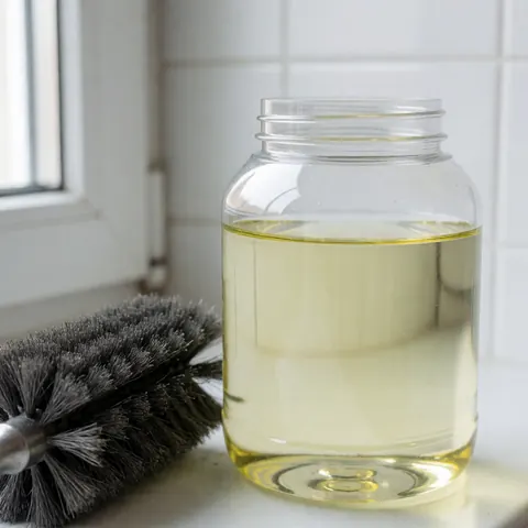 Clear plastic jar with light yellow liquid next to a steel brush with gray bristles on a white tiled surface.