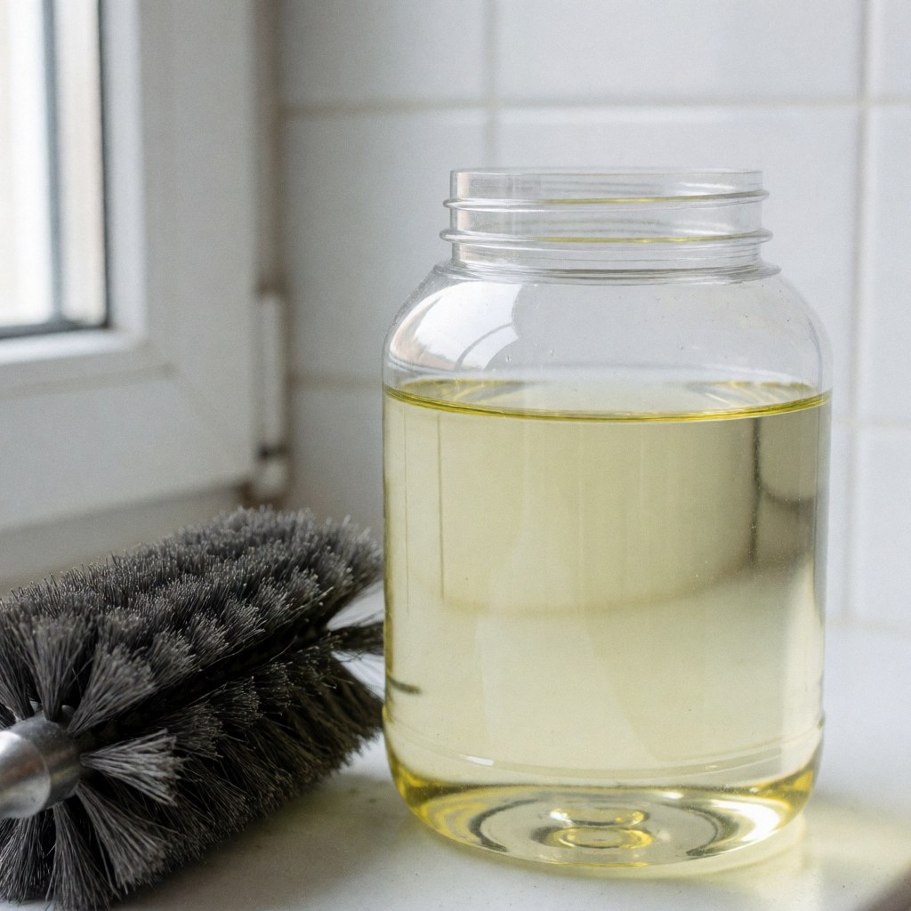 Clear plastic jar with light yellow liquid next to a steel brush with gray bristles on a white tiled surface.
