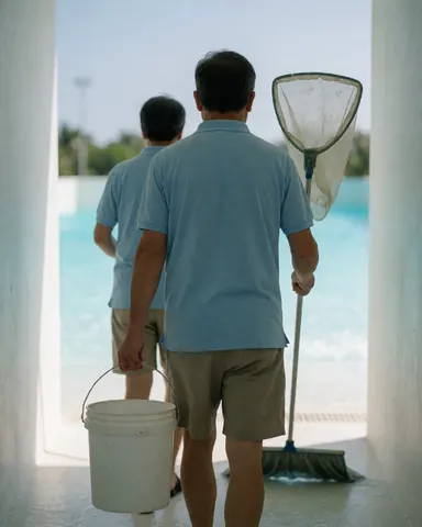 Two employees walking away from the camera while carrying a bucket and skimmer net for pool maintenance at a water park.