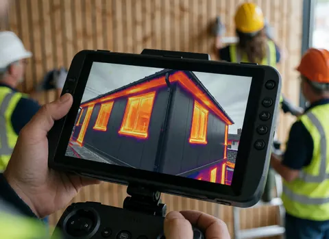 Close-up of a hand holding a drone controller with a thermal screen displaying a building, with workers in safety gear visible in the background.