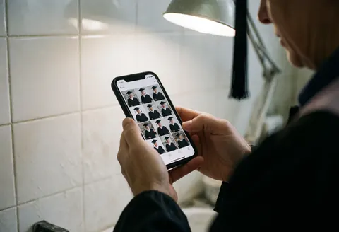 Graduation photographer reviewing photos on a smartphone in a tiled room with practical lighting