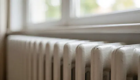 A white heating radiator positioned beside a window with a blurred background, illuminated by soft natural light, suitable for commercial text overlays.