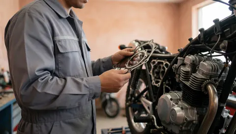 Close-up of mechanic hands holding a motorcycle engine gasket in a workshop with warm lighting and blurred background
