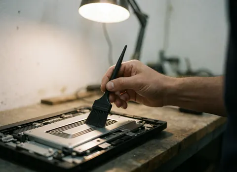 A hand uses a black brush to clean a laptop heatsink under desk lighting in a workshop with white walls and a messy desk.