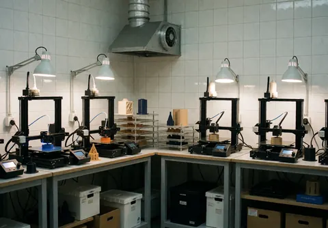 Manufacturing room with multiple 3D printers working, industrial ventilation, shelves with finished parts, and work lights over wooden tables.