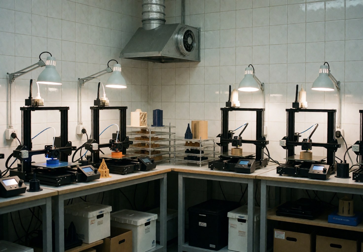 Manufacturing room with multiple 3D printers working, industrial ventilation, shelves with finished parts, and work lights over wooden tables.
