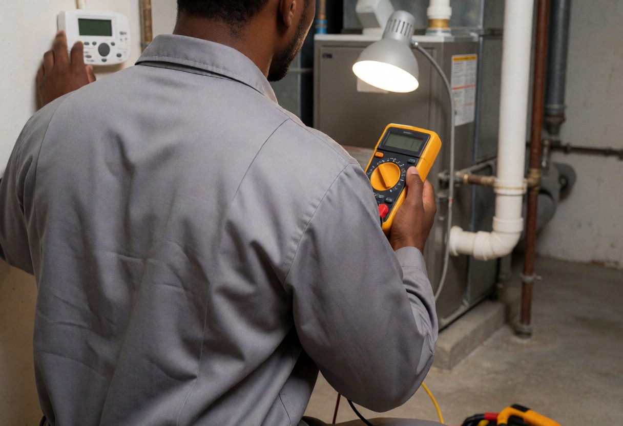 HVAC technician inspecting a thermostat in a basement near a boiler and exposed pipes using a multimeter.