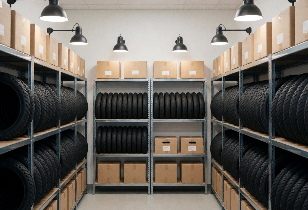 Neatly arranged tires and boxes on metal shelves in a well-lit industrial bike repair shop.