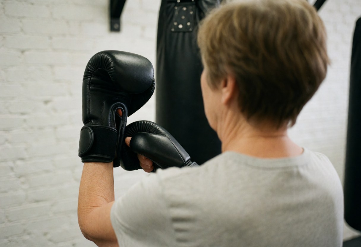 A woman adjusts her black boxing gloves in a gym with a white brick wall and punching bag.