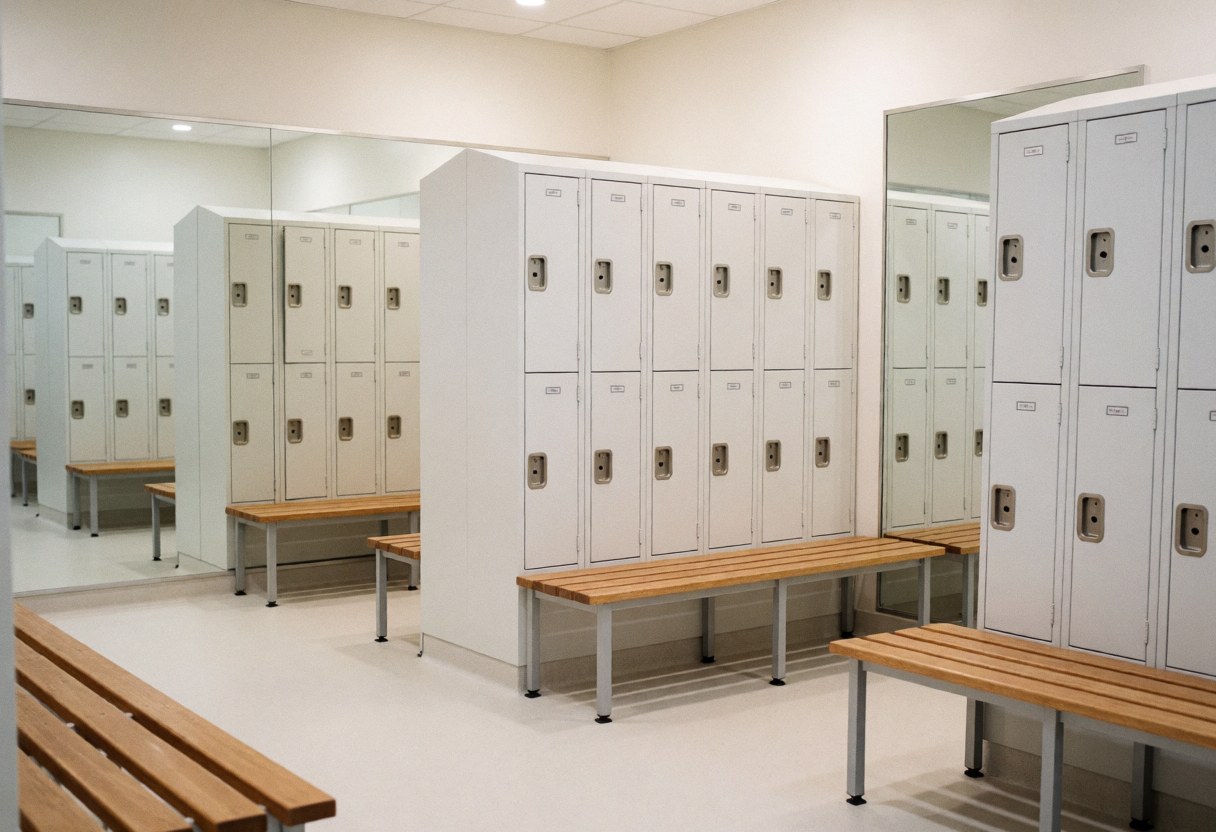 Neat and organized locker room featuring white lockers, wooden benches, wall mirrors, and soft professional lighting
