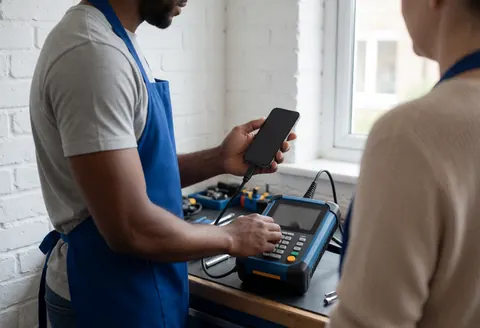 Technician in blue using a tool to repair a mobile phone while a client watches nearby against a white brick wall and window background.