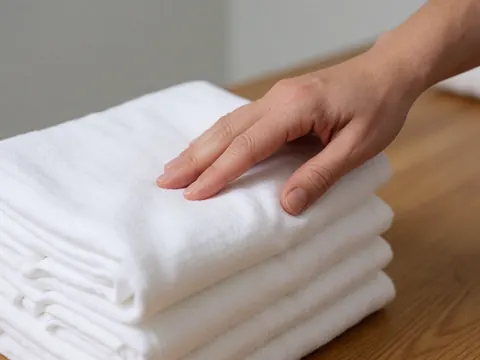 Adult hand gently touching a stack of white cotton towels on a wooden table in a clean and warm setting