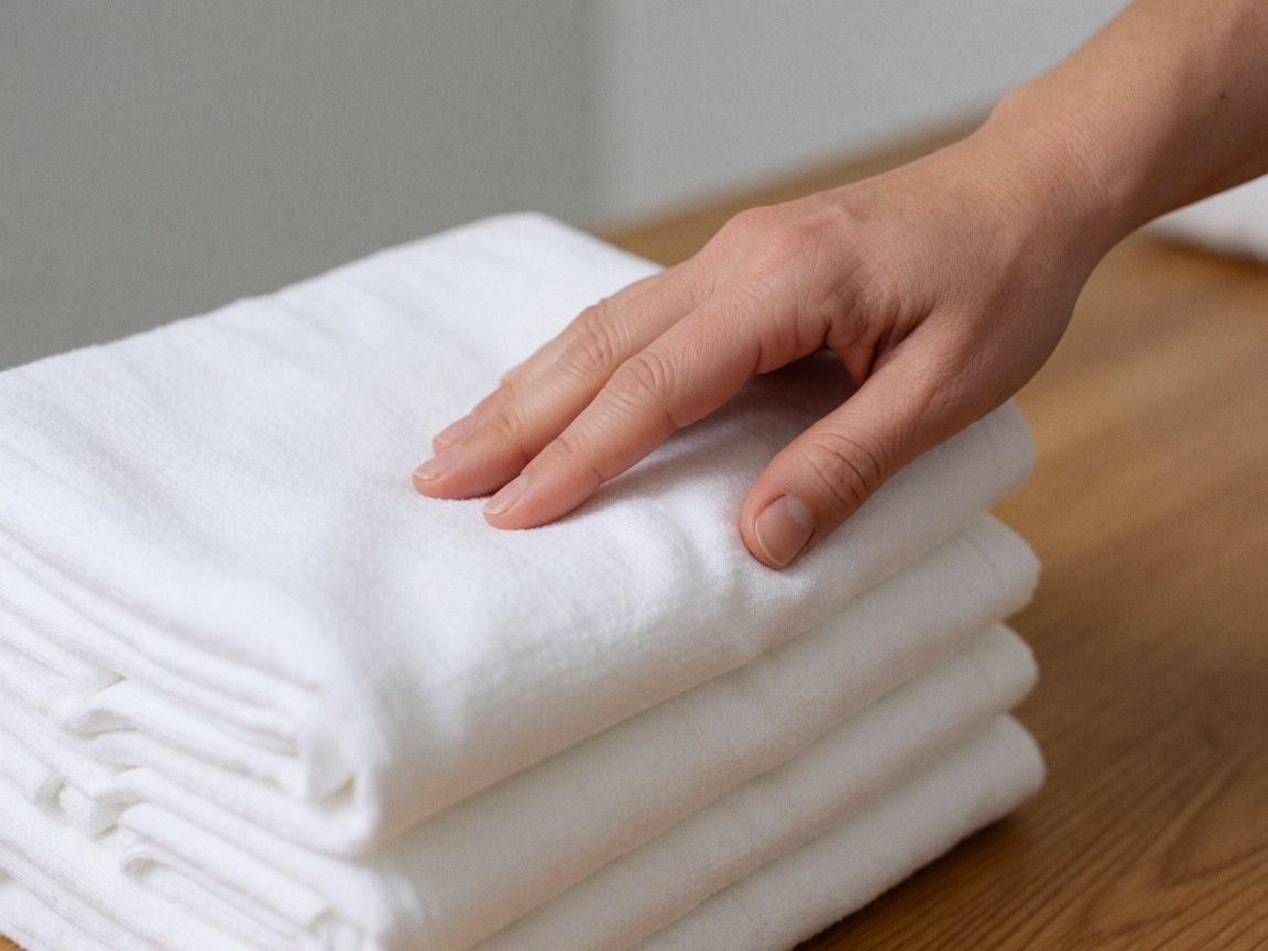 Adult hand gently touching a stack of white cotton towels on a wooden table in a clean and warm setting