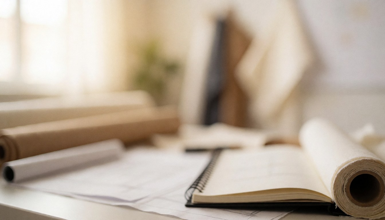 Fabric rolls and an open notebook on a table with warm diffused lighting, ideal for text overlay