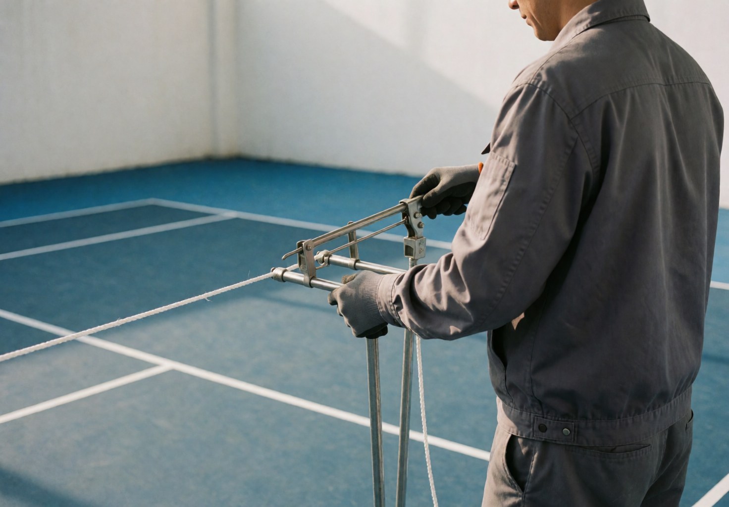 Installer adjusting tennis net cord with a tool on a blue court with white lines under natural light.