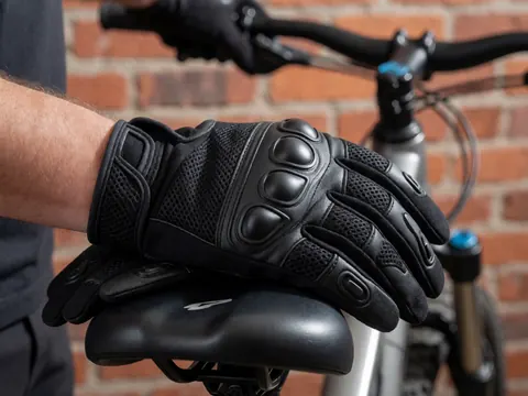 Black cycling gloves with knuckle reinforcements resting on a bicycle seat against a red brick wall background