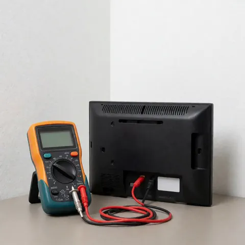 Digital multimeter with red cables connected to the back panel of a television on a gray table with white background and soft lighting for technical diagnosis
