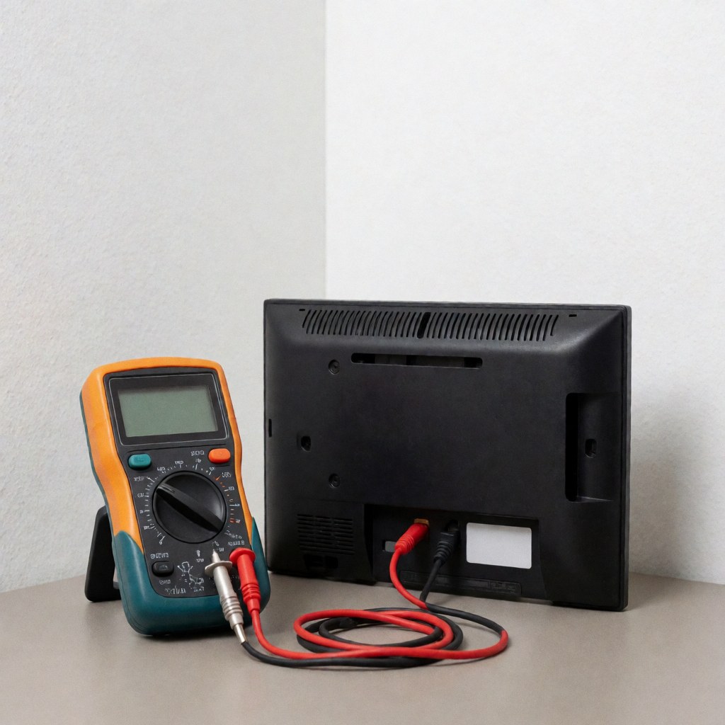 Digital multimeter with red cables connected to the back panel of a television on a gray table with white background and soft lighting for technical diagnosis