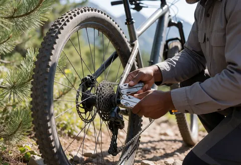 Mechanic adjusting a bicycle chain with a multi-tool in a mountain setting with trees and sunlight