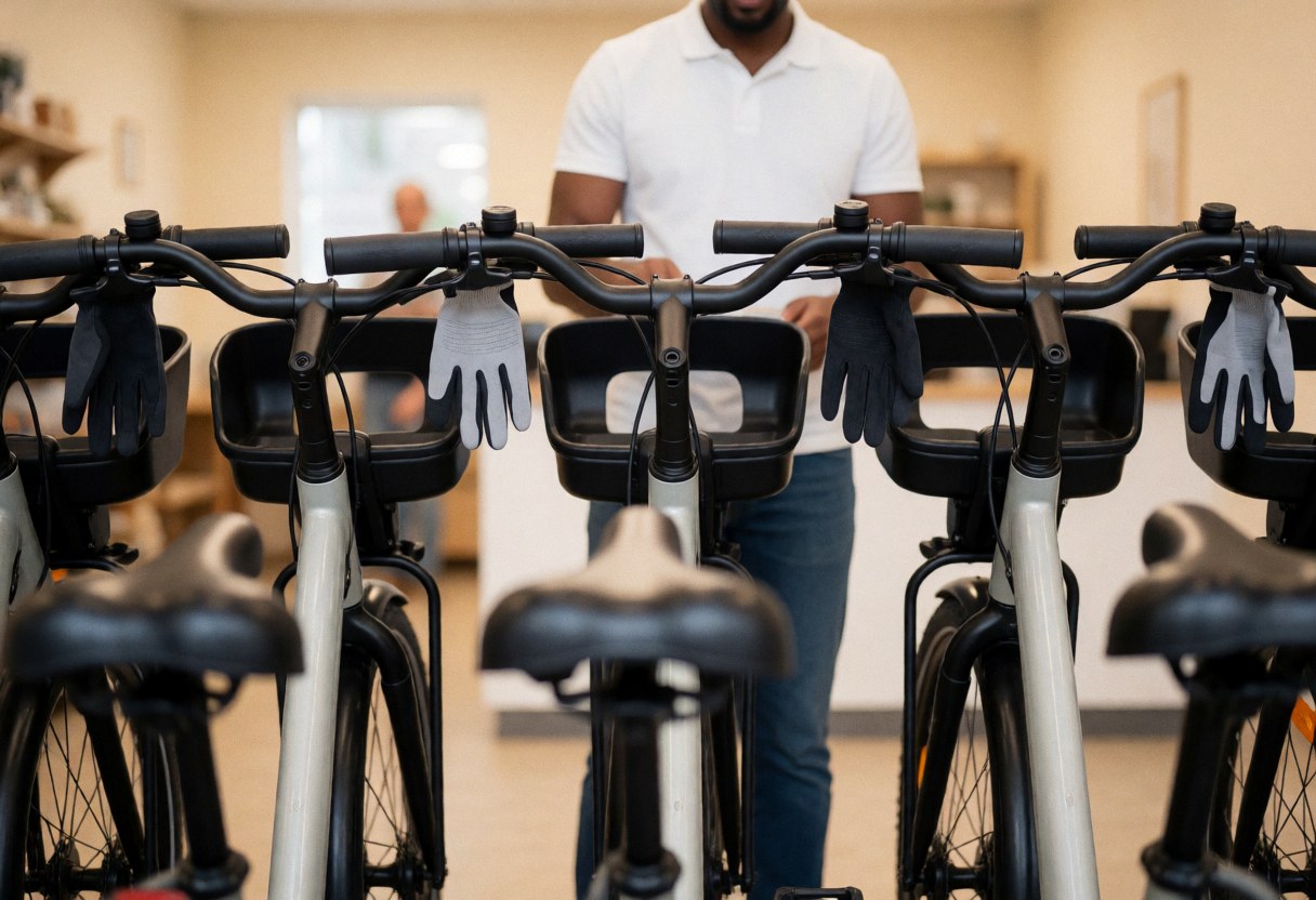 Aligned mountain bikes in a warehouse with gloves hanging on handlebars and a professional in the background.