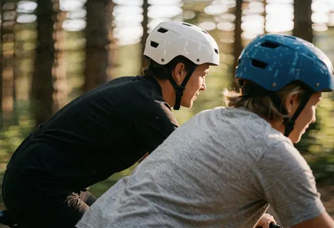 Two cyclists wearing white and blue helmets riding on a forest trail with a blurred background and warm light