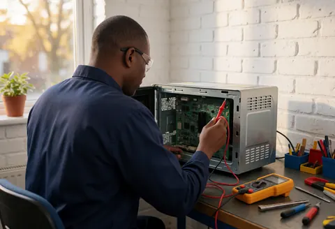 Technician in blue shirt and glasses uses a yellow multimeter to test the circuit of an open microwave on a workbench.