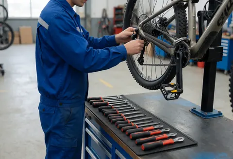 A mechanic in a blue uniform adjusts a bicycle derailleur while the mountain bike hangs suspended in a workshop with tools on a black table.