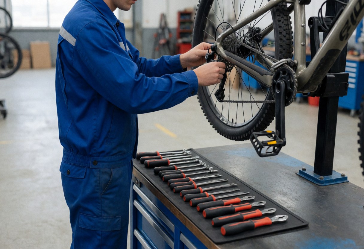A mechanic in a blue uniform adjusts a bicycle derailleur while the mountain bike hangs suspended in a workshop with tools on a black table.